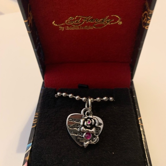 Ed Hardy Silver Rose with pink gemstone necklace - Picture 1 of 1